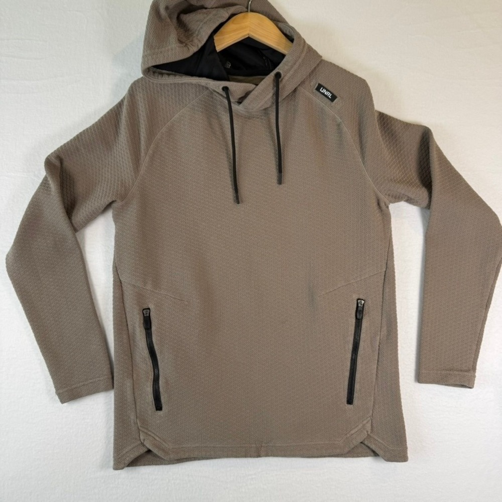 UNRL Men Textured Performance Hoodie Taupe Brown Zip Pockets Size M
